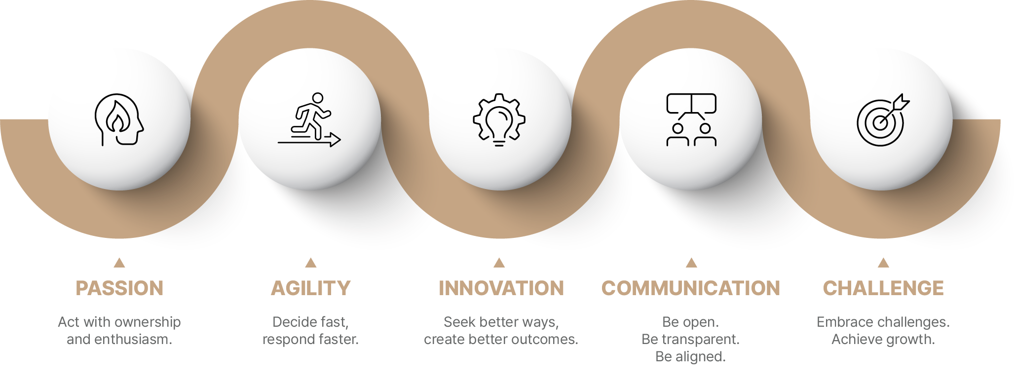 Core Values — PASSION: Act with ownership and enthusiasm. / AGILITY: Decide fast, respond faster. / INNOVATION: Seek better ways, create better outcomes. / COMMUNICATION: Be open. Be transparent. Be aligned. / CHALLENGE: Embrace challenges. Achieve growth.